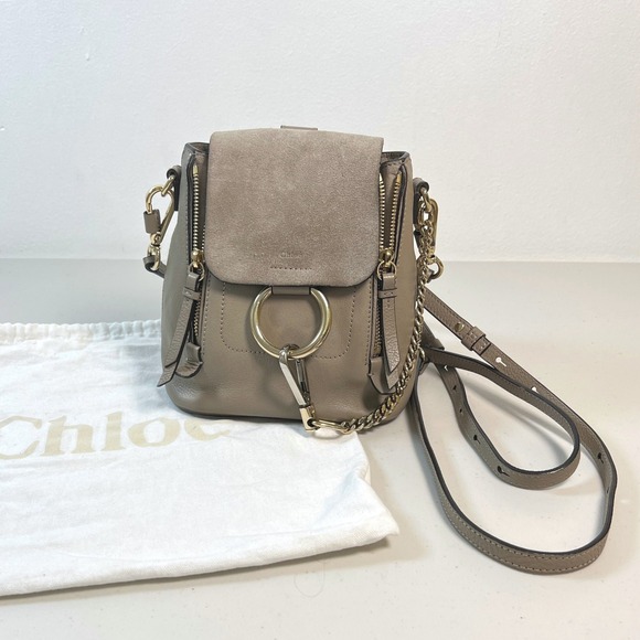 Authentic Chloe Faye Mini Backpack Leather Suede Taupe Shoulder Bag Purse - Picture 1 of 14